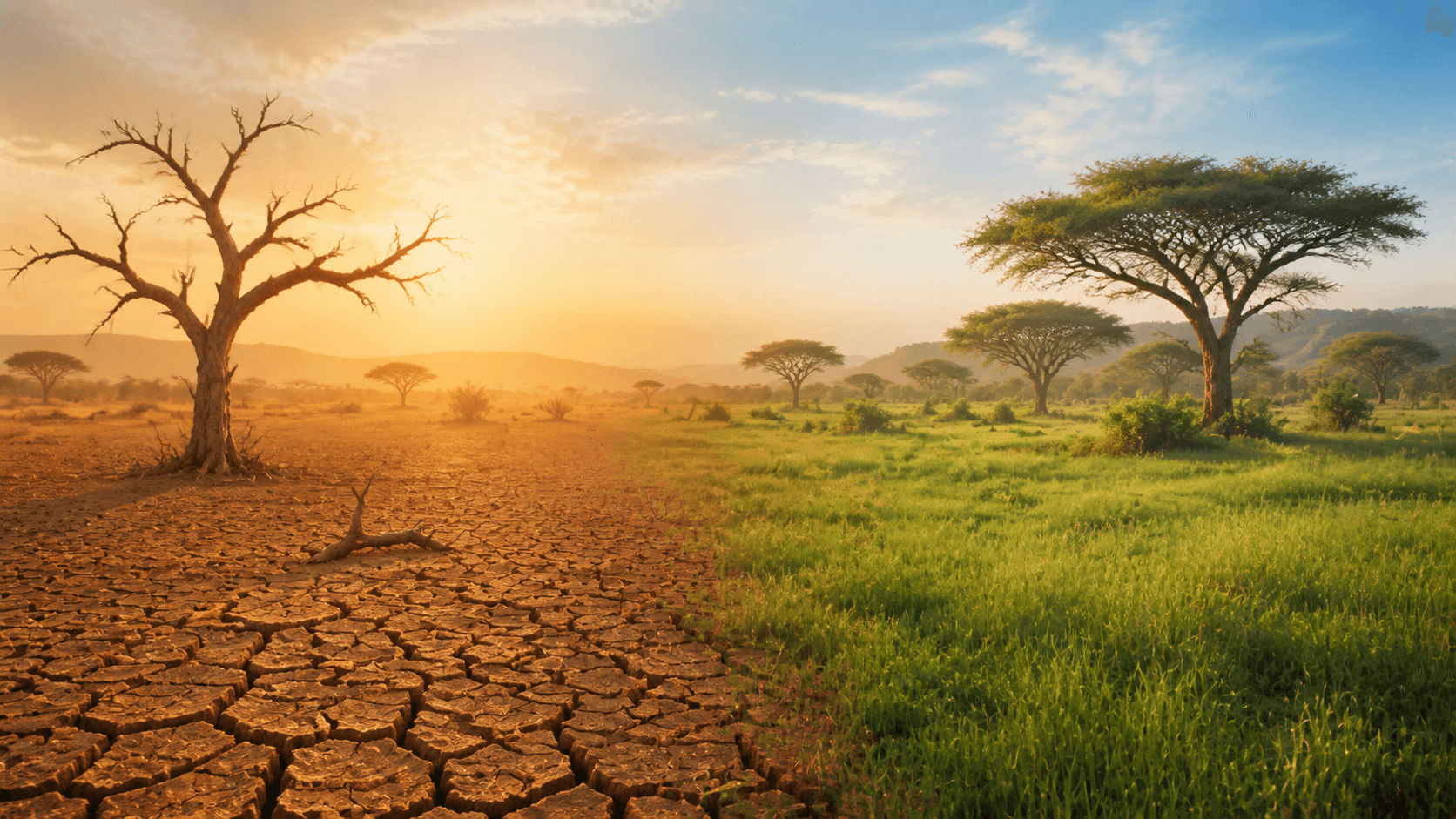 Savannah landscape transitioning from drought-stressed land to restored green grassland